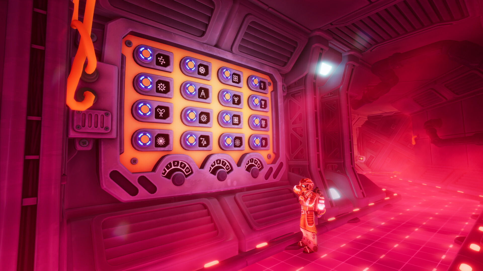 We Were Here Tomorrow - demo gameplay - an Explorer faces a switchboard puzzle of glowing symbols